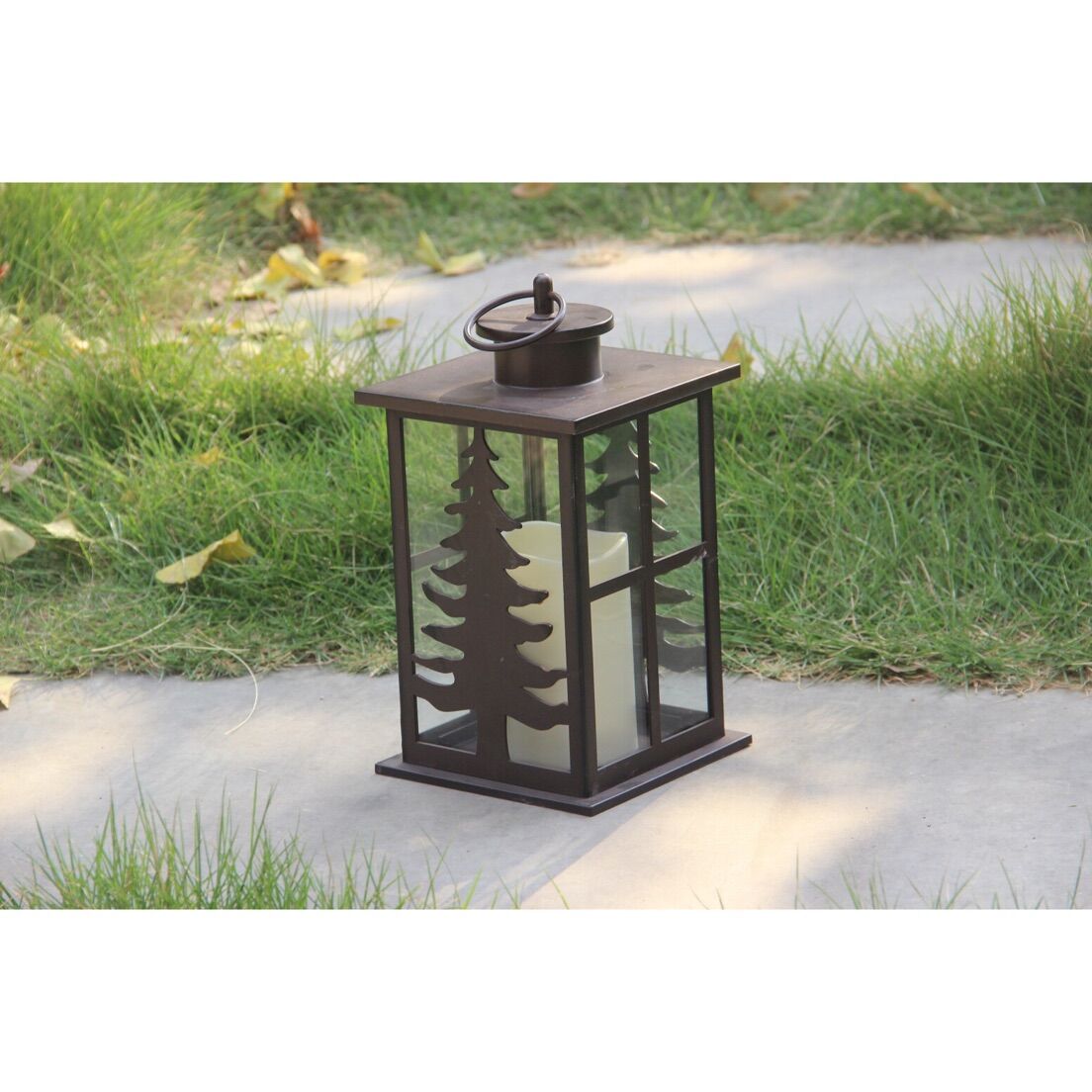910141 BROWN TREE LANTERN WITH PLASTIC CANDLE