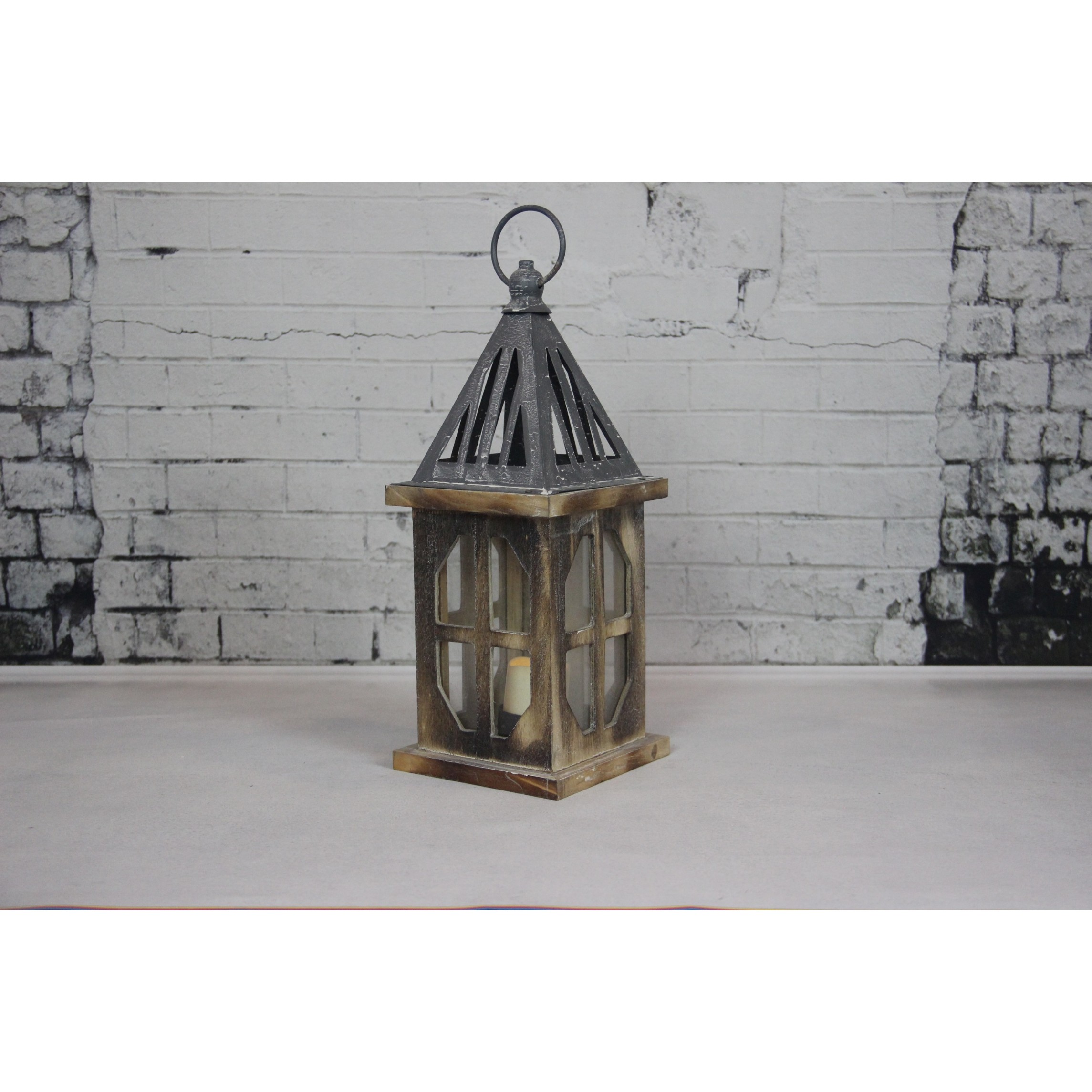 910298 WOODEN LANTERN WITH BRUSH FINISH
