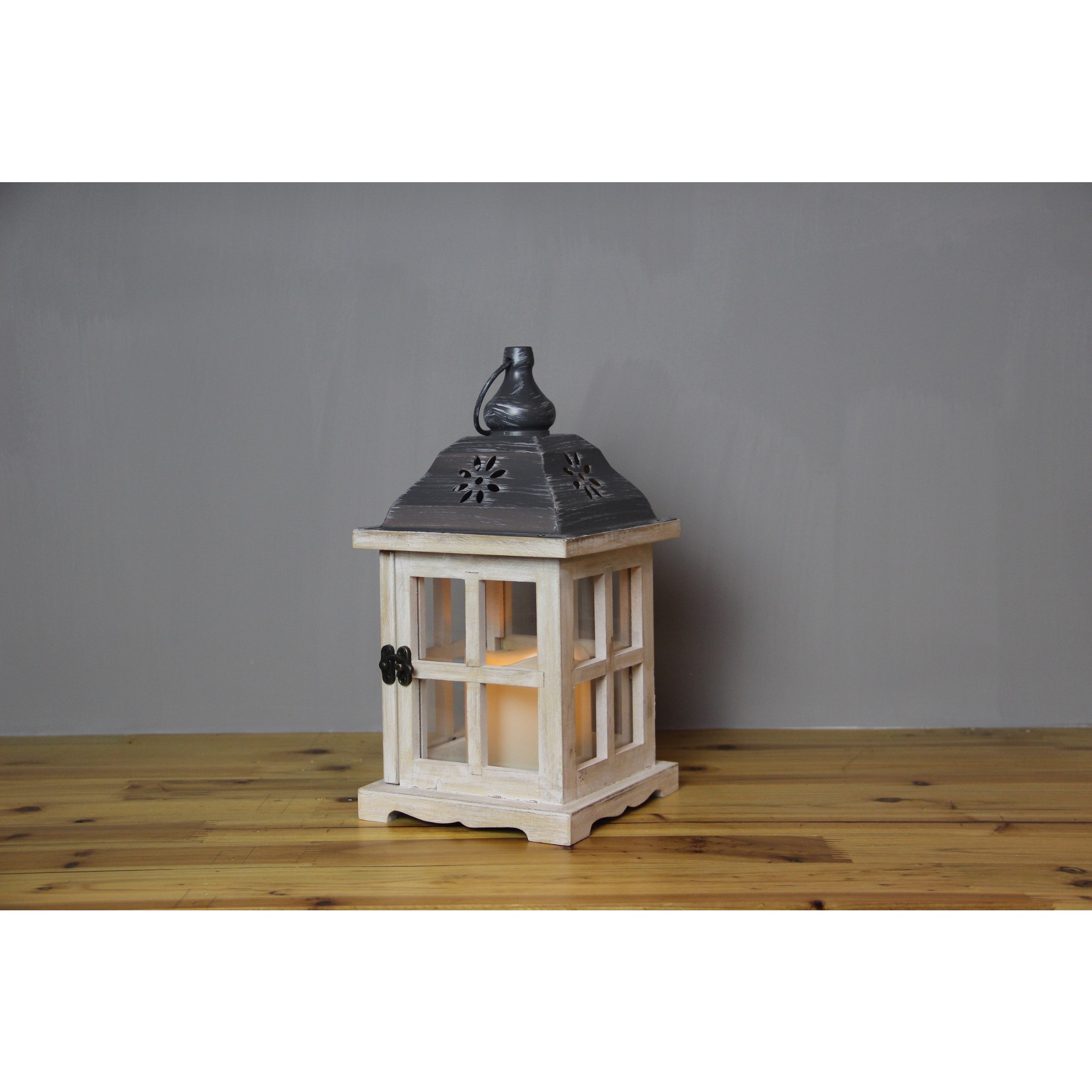 910291 SMALL GREY WOODEN LANTERN