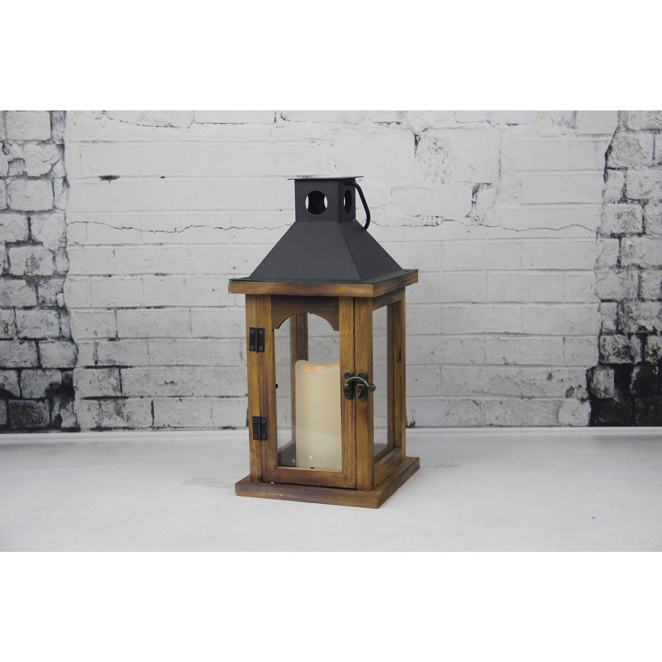 910295 WOODEN LANTERN WITH METAL TOP