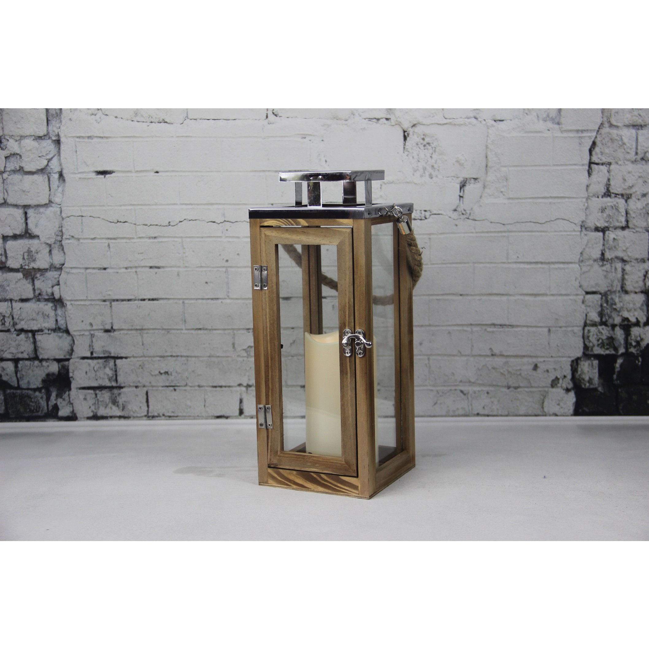 910302 WOODEN LANTERN WITH SILVER METAL TOP